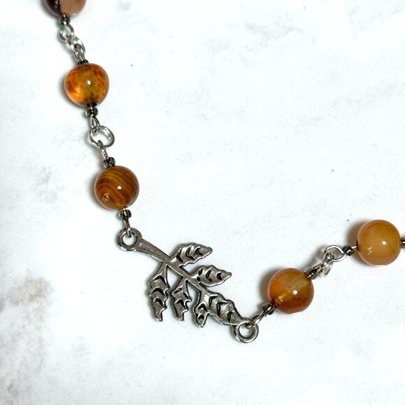 Genuine Earthy Carnelian Agate Short Necklace, Gemstone & Leaf Branch Pendant - Picture 5 of 15